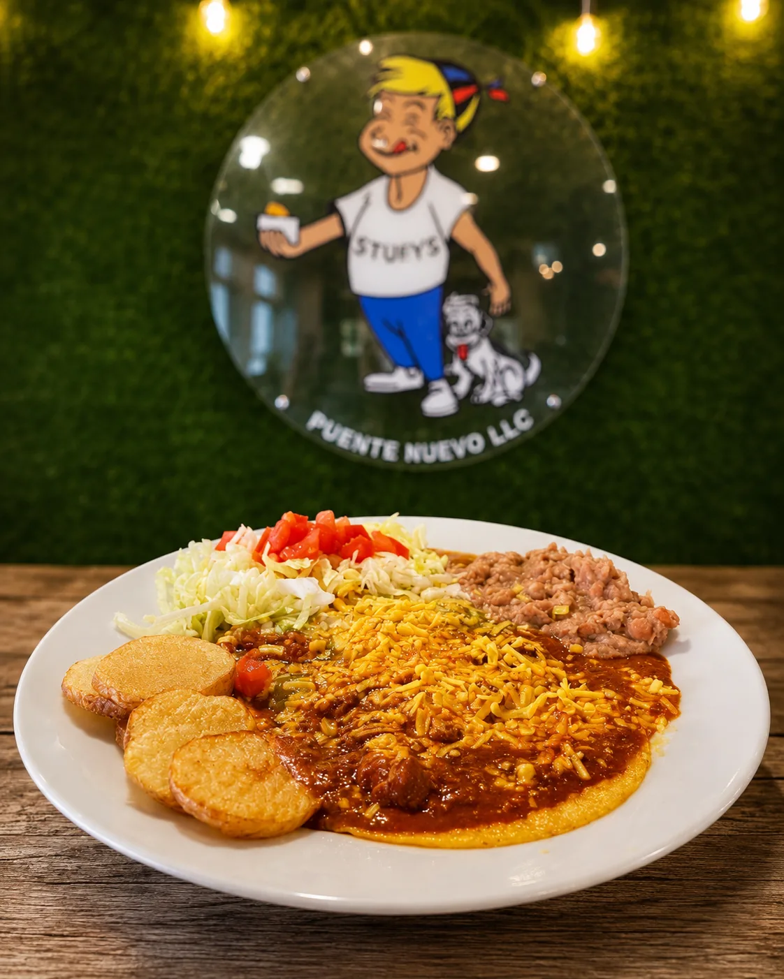 Stufy's huevos rancheros breakfast plate with red chile, papas, beans, lettuce and tomato